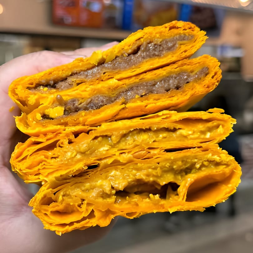 A hand holds three Nigerian meat pies, two with savory meat filling and one with a lighter, possibly vegetable, filling.